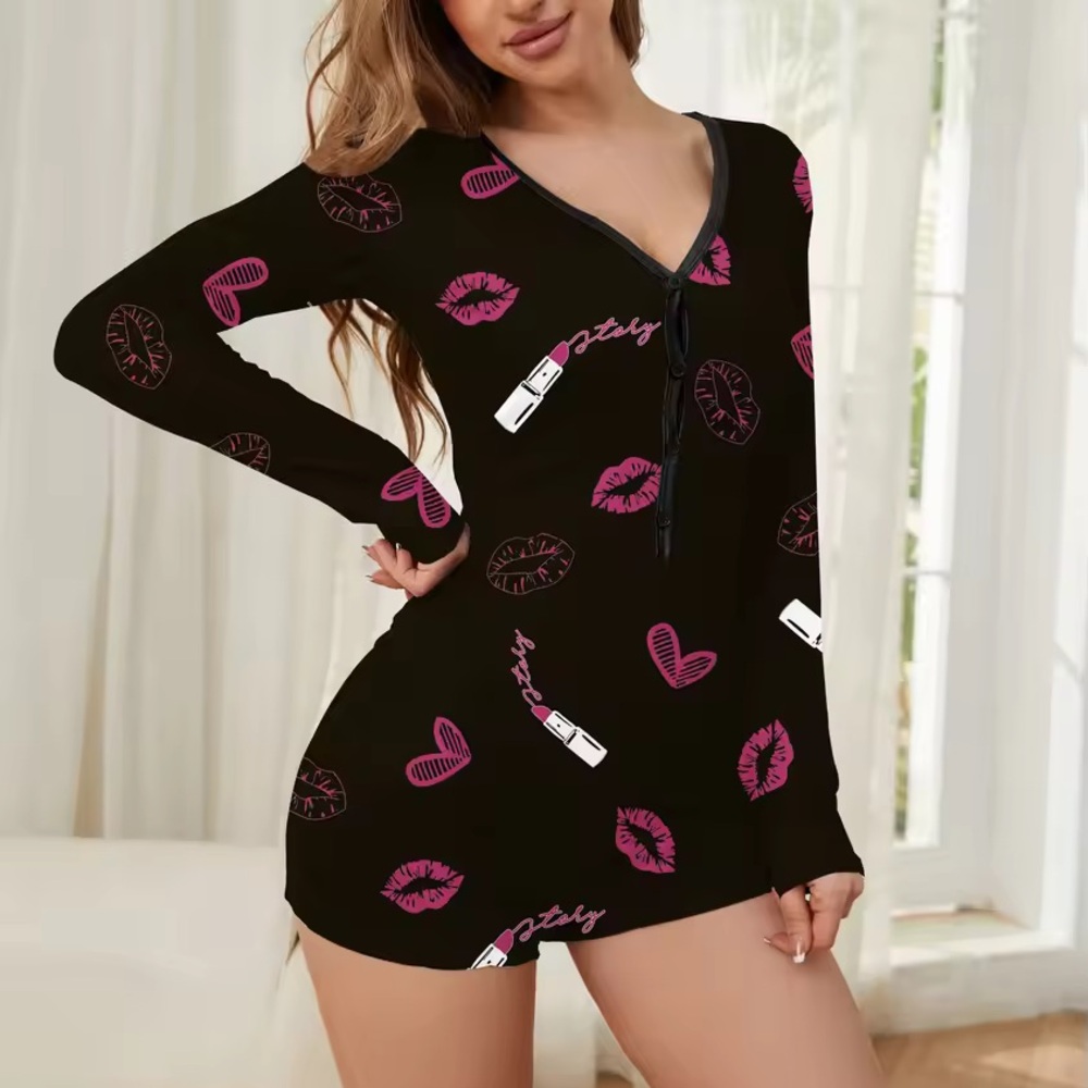 Lipstick Lips Heart Black Long Sleeve Romper Sleepwear Girly Pajamas